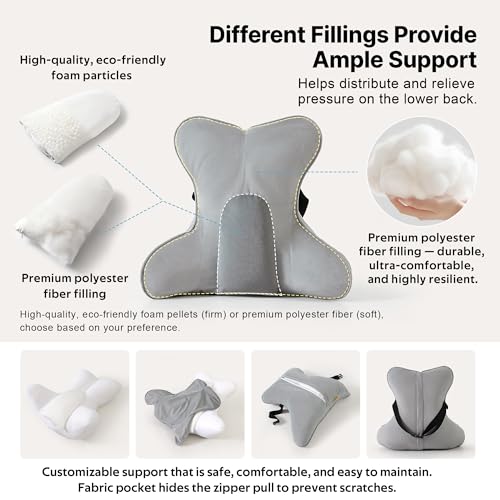 Lumbar Back Pillow (Pat. Pend), Supportive Back Cushion for Bed, Couch & Recliner, Ergonomic Lumbar Pillow with Customizable Firmness for Lower Back Pain Relief, Zinc Gray - color: Zinc Gray