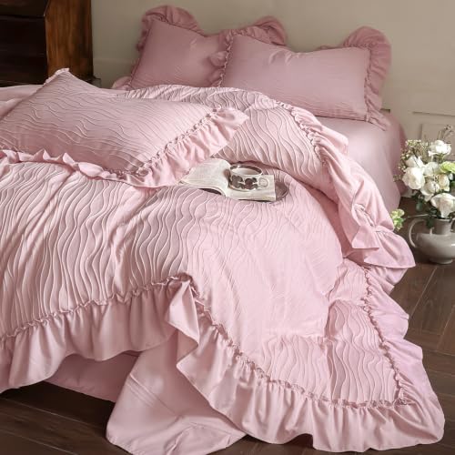 3 Pcs Vintage Pink Wavy Textured Ruffle Full Duvet Cover, Zipper & Ties | French Country Shabby Chic Aesthetic Comforter Cover, Soft Breathable Jacquard Romantic Fringe Princess Girls Bedding Set - color: A Wavy Blush Pink, size: Full(Duvet Cover and 2 Pi