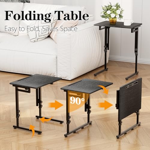Adjustable Height Tv Tray Table,Portable Folding Tv Tray Dinner Snack Trays Table,Small Foldable C-Shaped End Table for Eating,Slide Under Couch Side with Sturdy MDF Top,No Assembly(Black+Black) - color: Black+black