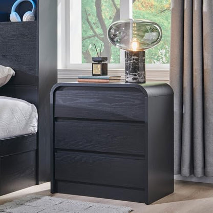 Aitjunz 25" Tall Modern Nightstand with Charging Station, 23.6'' Wide Wood Bedside Table w/3 Storage Drawers, Small Dresser w/Curved Profile Design, End Table for Bedroom, Black - color: Black