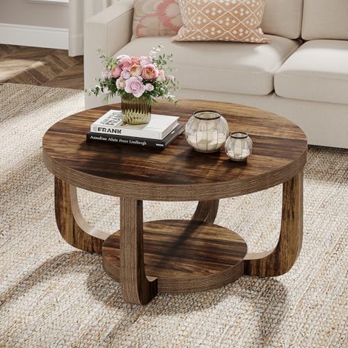 Tribesigns Round Coffee Table, 2-Tier Circle Coffee Table with Storage, Modern Wooden Accent Center Table for Living Room, Thick Tabletop & Base, Dark Brown - color: Brown