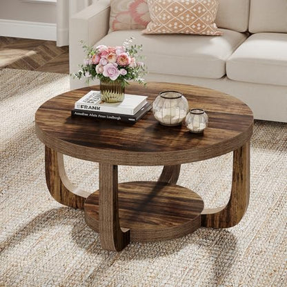 Tribesigns Round Coffee Table, 2-Tier Circle Coffee Table with Storage, Modern Wooden Accent Center Table for Living Room, Thick Tabletop & Base, Dark Brown - color: Brown