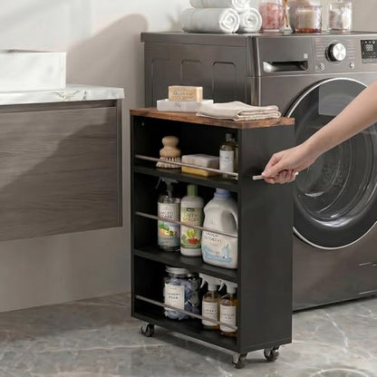 4-Tier Slim Rolling Cart with Wheels, 7.9"W Narrow Storage, Black & Brown | 4 adjustable MDF shelves (20 lbs each), 360° casters + side handle, Fits kitchen, laundry, bathroom & dorm tight gaps - color: Black