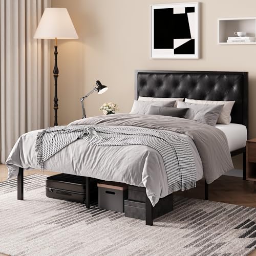 SHA CERLIN Full Size Metal Bed Frame with PU Tufted Headboard, Black | Modern Design Heavy-Duty Platform Bed, No Box Spring Need, PU Leather Upholstery, Noise Free, Easy Assembly - color: Black, size: Full
