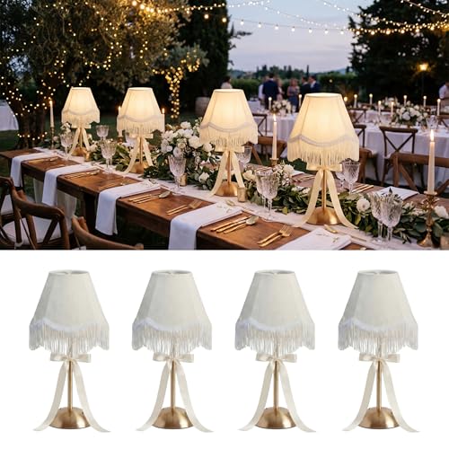 4 Pack Wedding Tassel Cordless Table Lamp Rechargeable LED | Gold Base Tassel Shade, 3 Color Dimmable, Battery Operated Portable, For Wedding Birthday Party Outdoor Home Decor - style: Tassel Bow