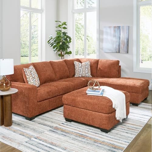 Signature Design by Ashley Aviemore L-Shaped Sectional Couch | Cozy 100% polyester chenille fabric, Sag-resistant platform foundation, Spacious L-shaped layout, Casual contemporary style - color: Spice, style: Right 2 Piece Sectional With Chaise