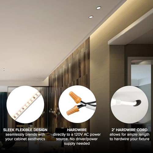 Maxxima 60 in. Hardwired LED Under Cabinet Strip Light, 2300 Lumens, 3000K | Warm White, Kitchen and Living Room 120V White Cove Lighting, No Power Supply Needed - size: 60 Inch