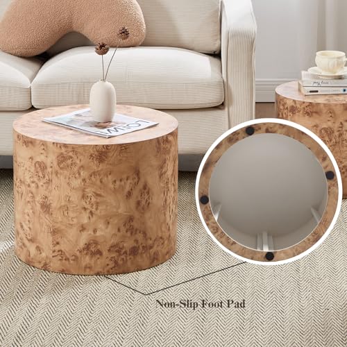 Ya-Home Round Coffee Tables Side Table Set of 2, Wood Nesting End Table for Living Room Balcony Office, Natural Burl Color, No Assembling - color: Natural Burl Color