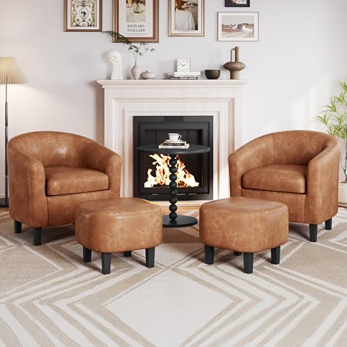 Yaheetech Accent Chairs with Ottoman Set of 2, Faux Leather, Brown | Water-resistant Faux Leather Chairs with High-density Foam and Solid Wood Legs for Living Room, Waiting Room, Small Space - color: Brown(faux Leather), style: with Ottoman