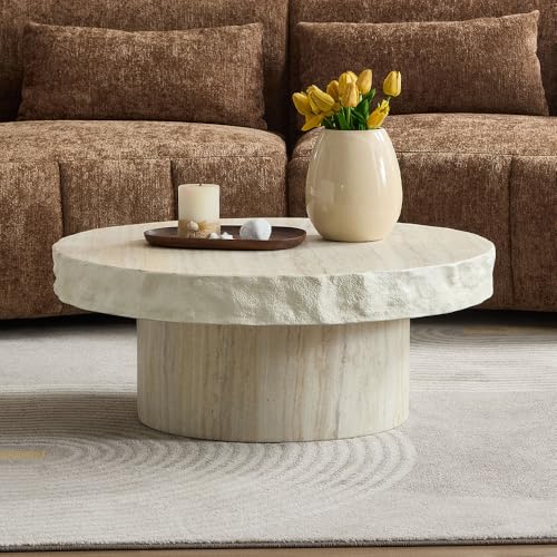 Round Nesting Coffee Table with Faux Mars Pattern for Living Room, Modern Fiberglass Circle Travertine Center Table with Base, Faux Stone Tea Table, No Need Assembly, 31.7"+23.8" (Beige) - color: G-31.69"+23.82" Beige