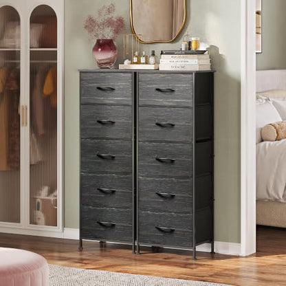 WLIVE 5 Drawer Dresser for Bedroom, Tall Chest of Drawers, Black Wood Grain | 5 vertical fabric drawers, Tall vertical design, Bedroom or closet use, Dresser for small spaces, Sturdy steel frame - color: Charcoal Black Wood Grain Print
