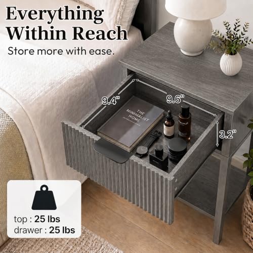 Weathered Gray 15.4" Wide Small Nightstand, Drawer,Open Shelf,Fluted | Weathered gray tone, ribbed fluted front, 11.8-inch slim depth, concealed storage, cool fit for sofa side or chair side - color: Weathered Gray