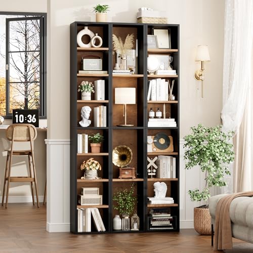 FOTOSOK 2 Pcs 71'' Tall Narrow Bookshelf, 8-Tier Media Tower Rack Set of 2 | CD DVD Storage Cabinet with Adjustable Shelves, Tall Narrow Bookcase Skinny Display Bookshelf Slim Shelf, Black/Brown - color: Black/Brown
