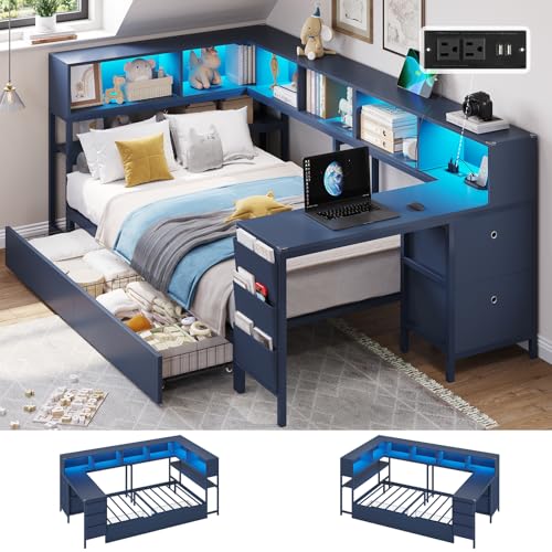 DICTAC Twin Corner Bed Frame with Desk and Storage Bookcase, Twin Size Platform Bed Frame with 4 Storage Drawers,Charging Station and LED Lights,Modern Daybed for Kids and Teen with Drawers,Navy Blue - color: Navy Blue, size: Twin