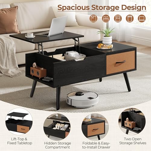Yaheetech Lift Top Coffee Table for Living Room, Wooden Small Center Tables with Large Storage Shelf Drawer and Hidden Compartment Modern, Black - color: Black