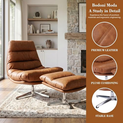 HNY Brown Swivel Lounge Chair with Ottoman Modern PU Leather Accent Chair with Footrest 33'' Wide Oversized Armless Upholstered Reading Chair with Footstool for Living Room Bedroom Comfy - size: 1 SET
