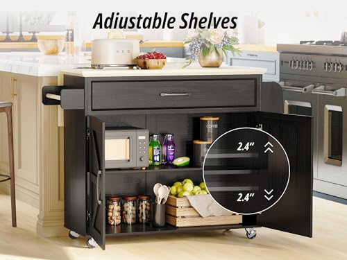 IRONCK Kitchen Island with Drop Leaf, 35.4" W Rolling Kitchen Table, Black | Rolling Kitchen Cart with Storage Cabinets, Drop Leaf, Built-in Power Outlet & Lockable Wheels for Kitchen Organization - size: 35.4-Inch