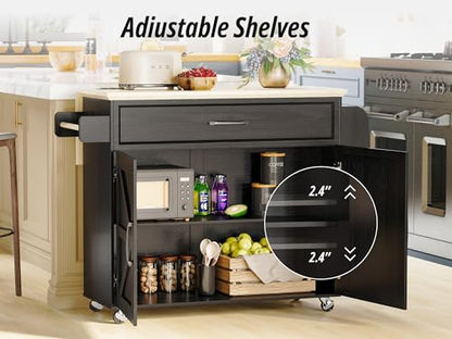 IRONCK Kitchen Island with Drop Leaf, 35.4" W Rolling Kitchen Table, Black | Rolling Kitchen Cart with Storage Cabinets, Drop Leaf, Built-in Power Outlet & Lockable Wheels for Kitchen Organization - size: 35.4-Inch