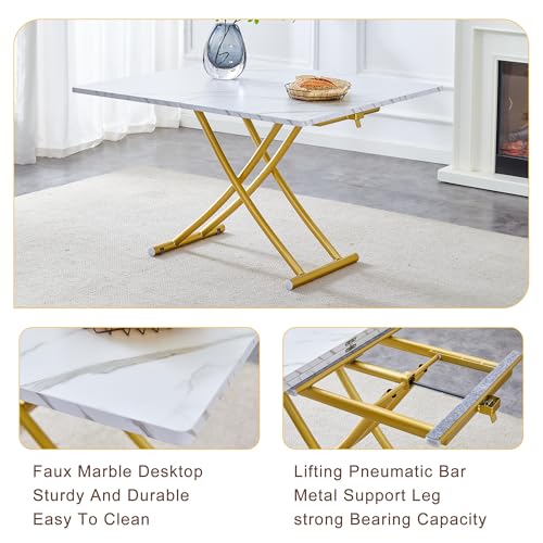 Liftable Folding Dining Table for 4, Adjustable Drop Leaf Table, Folding Coffee Table for Small Spaces, Scratch-Resistant Wood Top with Metal Frame for Apartment Kitchen Living Room - color: White-gold