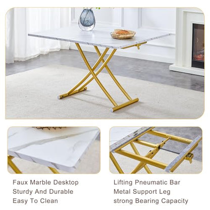 Liftable Folding Dining Table for 4, Adjustable Drop Leaf Table, Folding Coffee Table for Small Spaces, Scratch-Resistant Wood Top with Metal Frame for Apartment Kitchen Living Room - color: White-gold