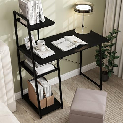 Tangkula Computer Desk with Shelves, Space Saving Home Office Desk with 3-Tier Ladder Shaped Storage Bookshelf, Modern Writing Study Desk with Metal Frame, Compact Computer Workstation (Black) - color: Black