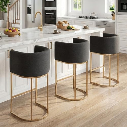 HNY Modern Barrel Counter Height Bar Stools Set of 2, 29 Inch Charcoal Linen Kitchen Barstools with Back for Island, with Gold Metal Tubular Frame - color: 29inch Charcoal,gold Base