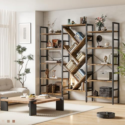 70x70 Triple 5 Tier Book Shelf, Large Wooden Bookcase with 17 Open Display Shelf, Modern Tree Bookshelf Metal Frame Tall Book Case Furniture for Living Room Bedroom Home Office Rustic Brown - color: Brown, size: 5 tier