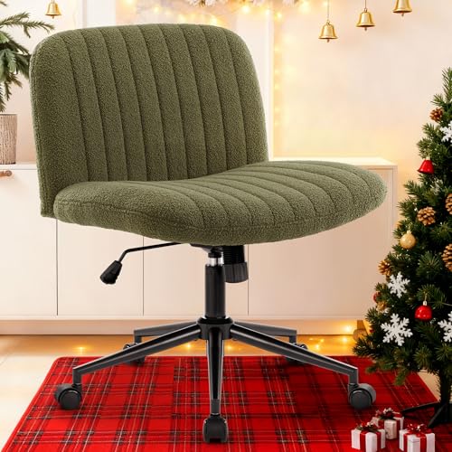 IWMH Criss Cross Office Chair with Wheels Cross Legged Desk Chair Armless | Green Computer Chair Vanity Chair Wide Seat Swivel Task Chair for Home Office Bedroom Make Up Small Space Height Adjustable - color: Teddy Green With Wheels