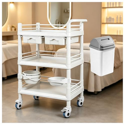 3-Tier Medical Mobile Trolley Cart, Rolling Esthetician Utility Cart | 330 Lbs Heavy Duty, with Drawers, Dirt Buckets & Bowl, 360° Rotate Lockable Wheels for Hospital, Dental Clinic, Beauty Salon - size: wide 28 in
