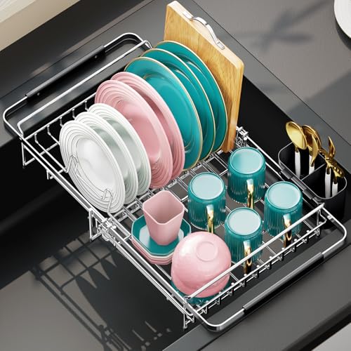Urackify Expandable Stainless Steel Dish Drying Rack, 13-18 Inch | Expandable design in sink dish rack . Stainless steel with utensil holder, ample storage capacity ideal for small kitchens. - color: Silver