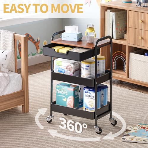 TOOLF 3-Tier Utility Rolling Cart with Wooden Board and Drawer, Metal Storage Cart with Handle, Black Trolley Kitchen Organizer Rolling Desk with Locking Wheels for Office, Classroom, Home, Bedroom - color: Black