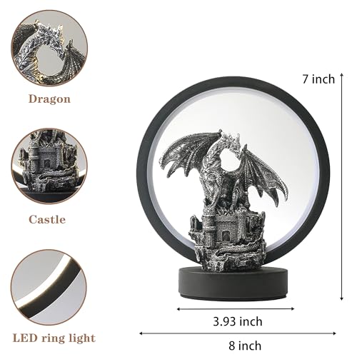 Dragon Lamp Light Fantasy Statue Dungeon and Dragons Gifts ﻿ ﻿ ﻿ | 6.15 inch LED Circle USB Table Lamp Light for Bookshelf/Desk/Bedside/Nightstand,Great for Collectors and Dragon Fans Alike - color: Black