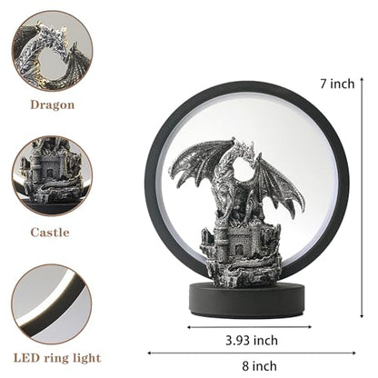 Dragon Lamp Light Fantasy Statue Dungeon and Dragons Gifts ﻿ ﻿ ﻿ | 6.15 inch LED Circle USB Table Lamp Light for Bookshelf/Desk/Bedside/Nightstand,Great for Collectors and Dragon Fans Alike - color: Black