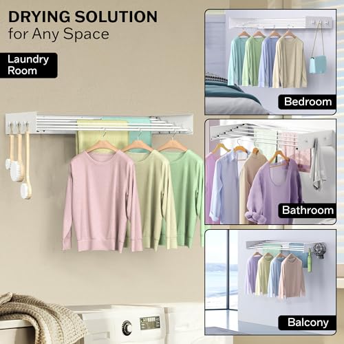 Wall Mounted Drying Racks for Laundry (31.5 Inches Wide) – Retractable Clothes Drying Rack Wall Mounted with Carbon Steel Panel 6 Knobs & 5 Aluminium rods, Wall Drying Rack with Screws (White) - color: White