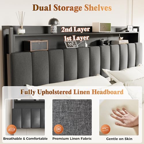 Bed Frame King Size with Upholstered Headboard & Charging Station, King Bed Frame with 4 Storage Drawers, 2-Tier Open Shelves, No Box Spring Needed, Slient Foam Strip, Easy Assembly, Grey - color: Grey, size: King