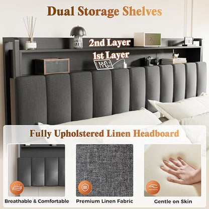 Bed Frame King Size with Upholstered Headboard & Charging Station, King Bed Frame with 4 Storage Drawers, 2-Tier Open Shelves, No Box Spring Needed, Slient Foam Strip, Easy Assembly, Grey - color: Grey, size: King