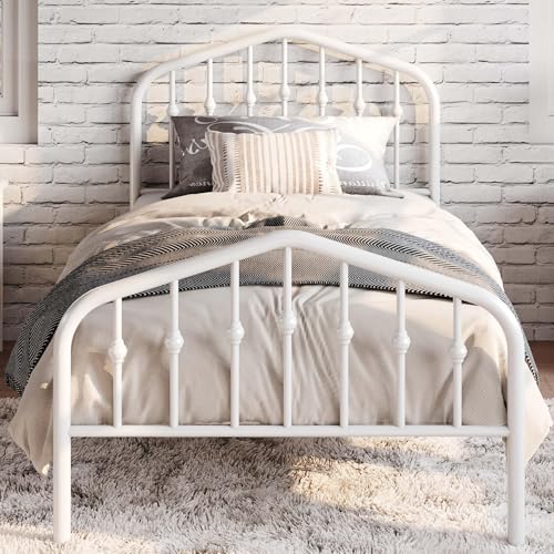 SHA CERLIN Twin Size Metal Bed Frame with Wrought Iron-Art Headboard, White | Victorian Style Metal Platform Bed Frame, Wrought Iron-Art Headboard and Footboard, Under-Bed Storage, No Box Spring Needed - color: White, size: Twin