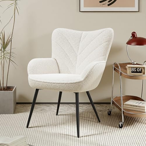 MALOL Mid-Century Sherpa Upholstered Accent Chair, Cozy Armchair with Curved Backrest, Sturdy Metal Legs, Soft Fabric Chair for Living Room, Bedroom & Reading Area,Beige - color: Beige, size: set of 1
