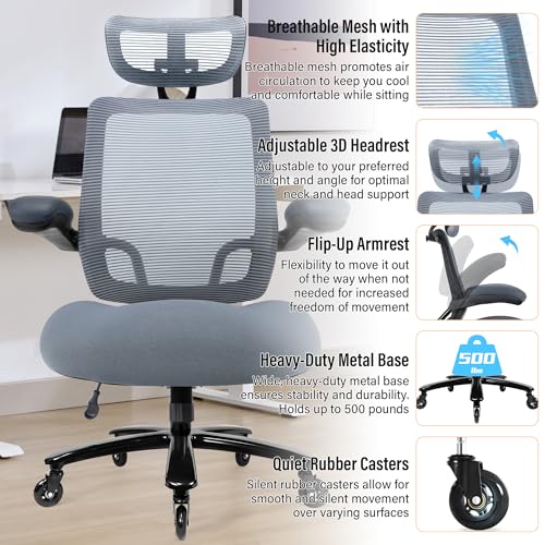 500lbs Big and Tall Office Chair - Heavy Duty Mesh Ergonomic Desk Chair with Headrest, High Back Computer Chair - Flip-up Armrests, Wide Thick Seat Cushion, Quiet Wheels, Grey - color: Grey With Headrest