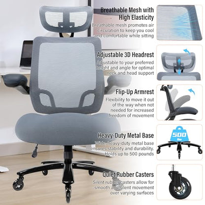 500lbs Big and Tall Office Chair - Heavy Duty Mesh Ergonomic Desk Chair with Headrest, High Back Computer Chair - Flip-up Armrests, Wide Thick Seat Cushion, Quiet Wheels, Grey - color: Grey With Headrest
