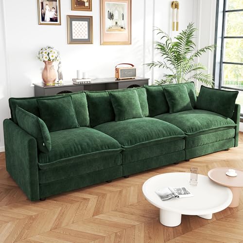 111.5 Inch 3-Seat Modular Sectional Cloud Sofa, Chenille Green | Chenille Deep Seat Sofa with Pillow for Living Room, Bedroom and Apartment - color: Green, size: 111.5 inch-Straight