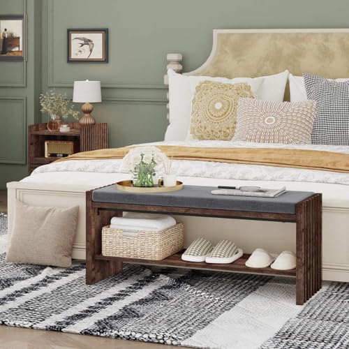 40" Storage Bench with Plush Cushion & 2-Tier Organizer, Modern Entryway Ottoman Bench for Hallway, Mudroom, Bedroom (Rustic Oak) - color: Rustic Oak