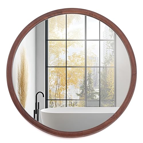 Round Wood Grain Wall Mirror 30" Large Farmhouse Decorative Vanity Mirrors | Tempered Glass Natural Walnut Frame for Bathroom, Entryway, Living Room (Walnut, 30"L x 30"W)