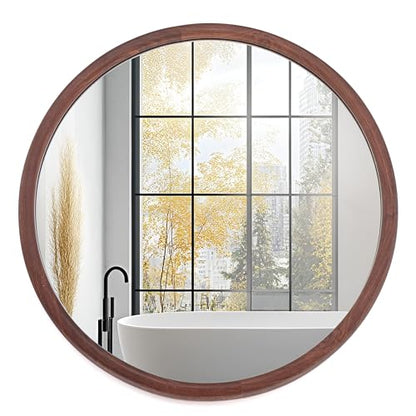 Round Wood Grain Wall Mirror 30" Large Farmhouse Decorative Vanity Mirrors | Tempered Glass Natural Walnut Frame for Bathroom, Entryway, Living Room (Walnut, 30"L x 30"W)