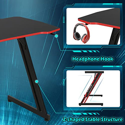47 inch Gaming Z-Shaped Computer Desk PC Computer Table Home Office Desk Ergonomic Gamer Workstation with Headphone Hook, Red - color: Red, size: 47 Inch