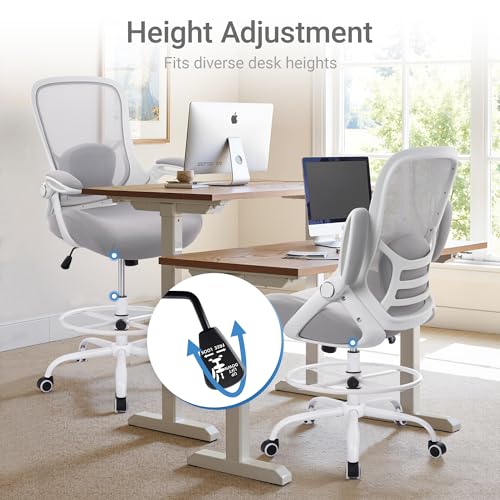 400lbs Heavy Duty Drafting Chair 5" Thickened Seat Office Chair with Flip-Up Armrests Tall Ergonomic Computer Chair with Lumbar Support and Adjustable Footrest Ring Standing Desk Chair (Grey) - color: Grey