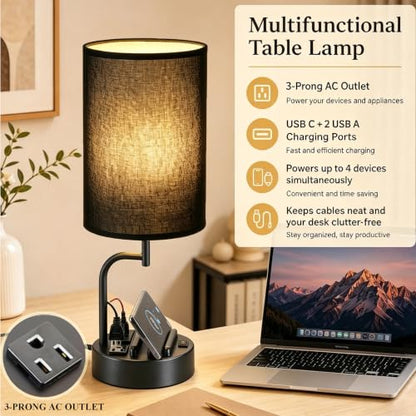 Dreamholder 2 Pack Table Lamp, Bedside Lamp with 3 USB Charging Ports & AC Outlet, USB Desk Lamp with 2 Phone Holders, Linen Fabric Shade Nightstand Lamps for Bedroom Living Room Office, Black Shade - color: Black Shade