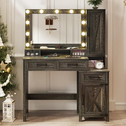 TAGELIER Vanity Desk Mirror with 11 Hollywood Blubs & Charging Station | 3 in 1 Farmhouse Lighted Vanity Table with Drawers & Shelves, Rustic Big Makeup Desk for Bedroom, Cloakroom, Dark Oak - style: Dark Oak-40