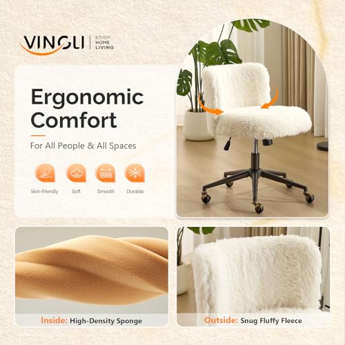 VINGLI Plush Upholstery Vanity Desk Chair with Curved Back & 90-102° Tilt &Adjustable Height, Cute Rolling Chair with Bronze Base & Golden-Bronze 360° Swivel Wheels for Makeup &Home Office,White Cream - color: White Cream