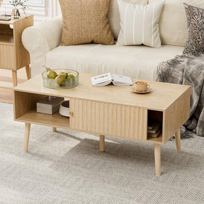 LCRBOL Coffee Table with Fluted Sliding Door, Modern, Natural | 39.3"L x 19.7"W x 17.1"H, double-sided sliding door & open shelf (7.5" clearance), golden knob, 5 tapered legs - color: Oak(lsj012-n)